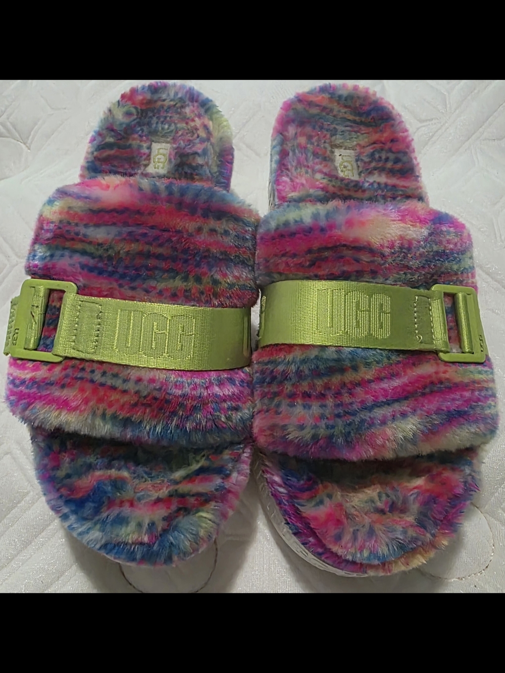 UGG Multicolor Fuzzy Slide Slippers with Neon Strap